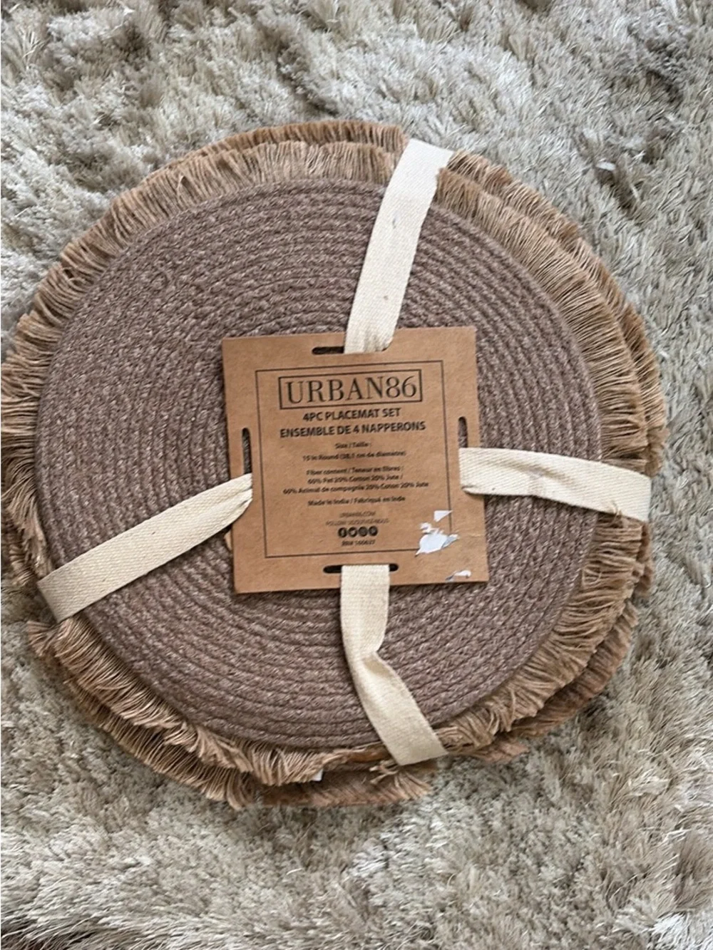 Urban 86  Brown Round Fringe Placemat Set - Natural Brown